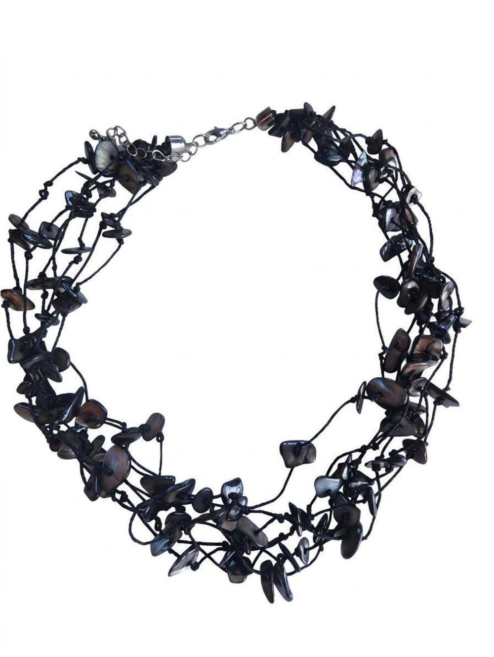 Vintage Multi Strand Black Shell Statement Necklace, Chunky Layered Boho Jewelry